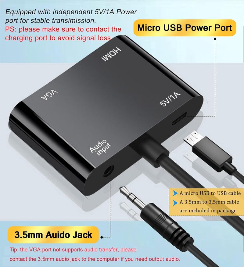 AKWOR محول VGA إلى HDMI + VGA لشاشات مزدوجة، محول VGA إلى HDMI مقسم 2 في 1، 1080P@60HZ عرض فيديو عالي الدقة لمحول الكمبيوتر المحمول/الشاشة/التلفاز/البروجيكتور (لأنظمة ويندوز وماك)  - Image 5